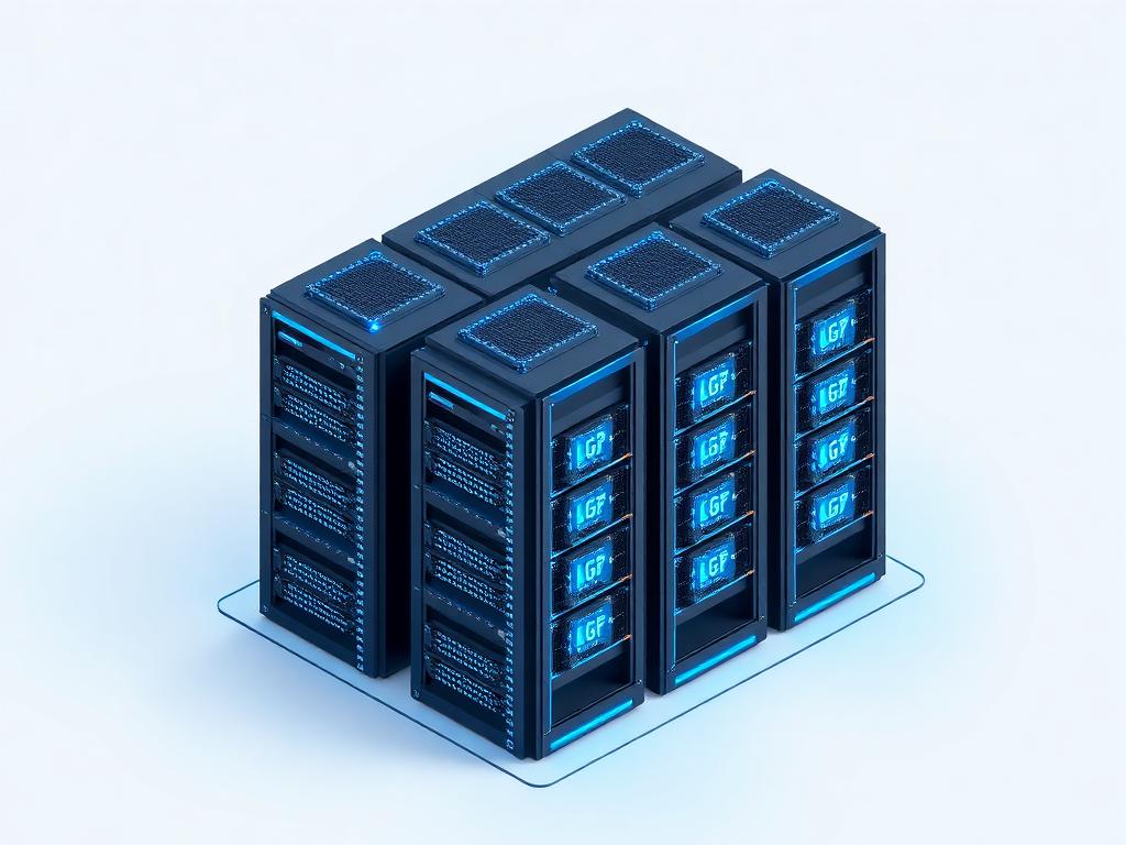 Cluster de serveurs GPU cloud avec éclairage bleu
